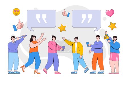 Illustration for Vector illustration of people characters leave online reviews about purchase products through the Internet for online store. - Royalty Free Image