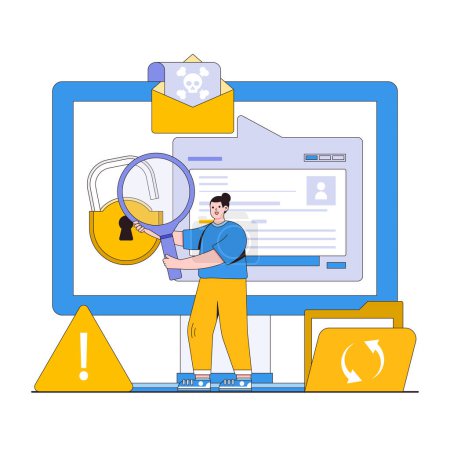 Illustration for Data breach response vector illustration concept with characters. Incident management, breach investigation, data recovery. Modern flat style for landing page, web banner, infographics, hero images. - Royalty Free Image