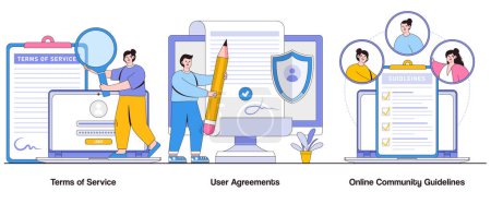 Illustration for Terms of Service, User Agreements, and Online Community Guidelines Concept with Character. Digital Platform Rules Abstract Vector Illustration Set. User Responsibilities, Online Etiquette Metaphor. - Royalty Free Image