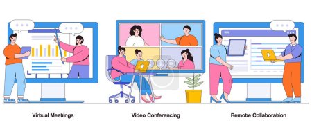 Vektor für Virtuelle Meetings, Videokonferenzen, Remote Collaboration Konzept mit Charakter. Digitale Kommunikation Abstraktes Vektorillustrationsset. Konnektivität, Effizienz, virtuelle Teamarbeit. - Lizenzfreies Bild