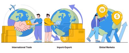 Internationaler Handel, Import-Export, Weltmarktkonzept mit Charakter. Global Business abstract Vektor Illustration Set. Handelsabkommen, Marktexpansion, interkulturelle Kommunikationsmetapher.