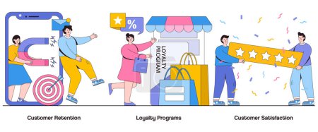 Customer retention, loyalty programs, customer satisfaction concept with character. Customer loyalty abstract vector illustration set. Repeat business, customer engagement, brand advocacy metaphor.