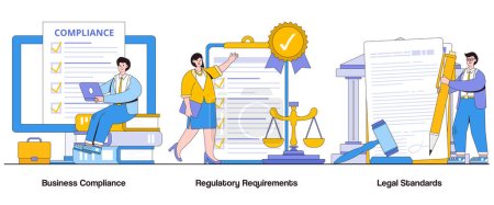 Business compliance, regulatory requirements, legal standards concept with character. Compliance management abstract vector illustration set. Risk mitigation, ethical conduct, regulatory adherence.