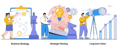 Strategia biznesowa, planowanie strategiczne, długoterminowa koncepcja wizji z charakterem. Strategiczne myślenie abstrakcyjne wektor ilustracji zestaw. Ustalanie celów, planowanie działań, metafora strategicznego wdrażania.