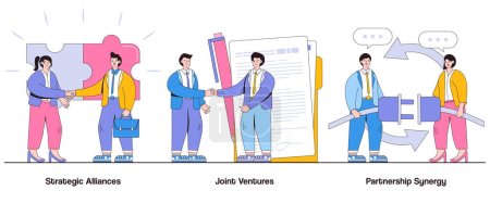 Alliances stratégiques, joint-ventures, concept de synergie de partenariat avec caractère. Ensemble d'illustrations vectorielles abstraites de partenariats de collaboration. Ressources partagées, avantages mutuels, expansion du marché.