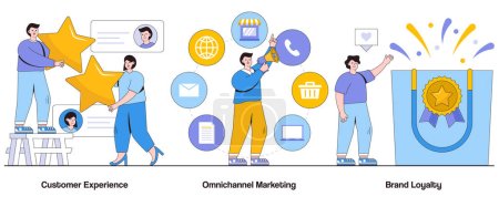 Illustration for Customer experience, omnichannel marketing, brand loyalty concept with character. Customer journey abstract vector illustration set. Seamless interactions, personalized touchpoints, customer delight. - Royalty Free Image