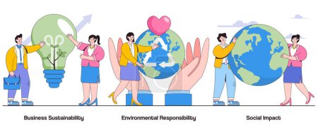 Illustration for Business sustainability, environmental responsibility, social impact concept with character. Sustainable business practices abstract vector illustration set. Eco-friendly initiatives metaphor. - Royalty Free Image