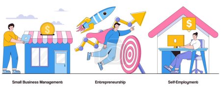 Illustration for Small business management, entrepreneurship, self-employment concept with character. Business ownership abstract vector illustration set. Entrepreneurial spirit, small business journey metaphor. - Royalty Free Image