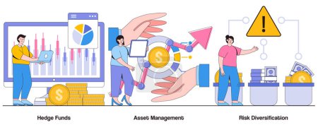 Illustration for Hedge funds, asset management, risk diversification concept with character. Asset allocation abstract vector illustration set. Risk management, asset diversification, financial protection metaphor. - Royalty Free Image