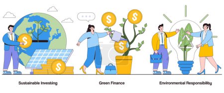 Nachhaltiges Investieren, grüne Finanzierung, Konzept der ökologischen Verantwortung mit Charakter. ESG Investments abstraktes Vektorillustrationsset. Nachhaltiges Finanzwesen, ethisches Investieren, grünes Portfolio.