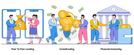 Illustration for Peer to peer lending, crowdfunding, financial inclusivity concept with character. P2P finance abstract vector illustration set. Collaborative lending, crowdsourcing funding, financial democratization. - Royalty Free Image