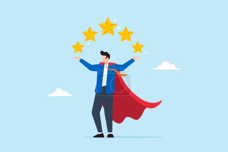Illustration for Superhero businessman holds big golden 5 star customer rating feedback. Concept of excellent service, quality, and strong professional reputation, earning awards and top ratings - Royalty Free Image