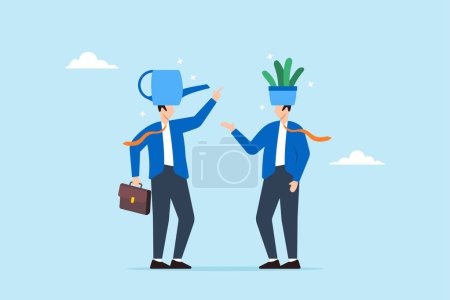 Mentor with watering can head helps businessman with plant heads to grow, illustrating mentorship for career growth. Concept of coaching or education, offering help, assistance, and business support