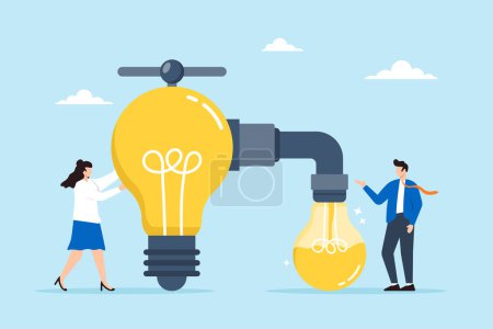 Businesspeople sharing knowledge transfer ideas, passing information to new light bulb. Concept of transferring wisdom to colleagues, creativity, innovation, and continuous learning of new skills