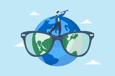 Businessman holds telescope while standing on world map eyeglasses, illustrating global business vision. Concept of international business opportunities, exploring new markets, seeking career abroad