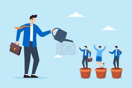 Businessman manager watering talented staff in flower pots illustrating talent development, career growth, and investment in training. Concept of employee potential, and coaching to develop skills