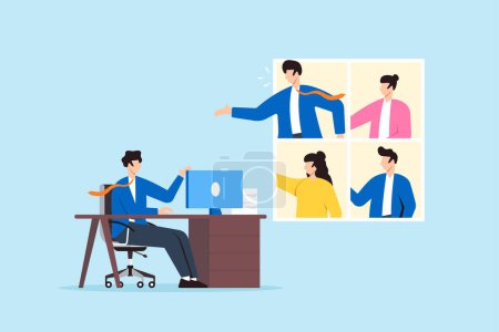 Businessman sitting in office engages in conference call with people working from home. Concept of hybrid work, work remotely from home or come into office, flexible workplace to enhance productivity