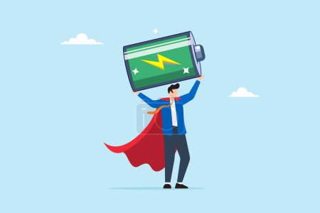 Businessman superhero carry fully charged recharge battery, illustrating fully energized and ready to work. Concept of replenishing energy level, refreshing from exhaustion, and recovery from burnout
