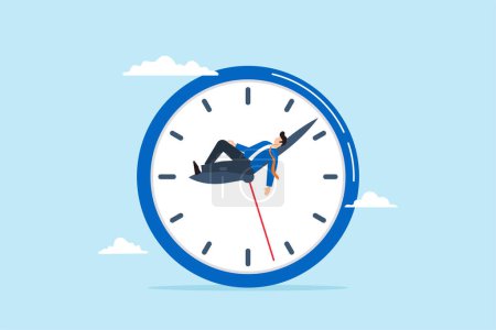 Fauler Geschäftsmann, der bei laufender Uhr schläft, illustriert verschwendete Zeit, Zaudern oder langsamen Lebensstil. Konzept der Arbeitsunwilligkeit, geringer Produktivität oder Effizienz, keine Motivation und Müdigkeit
