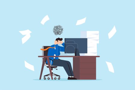 Illustration for Frustrated businessman sits at his office desk with busy unfinished work, illustrating work stress. Concept of tiredness, fatigue from being overworked, and pressure to finish projects within deadline - Royalty Free Image