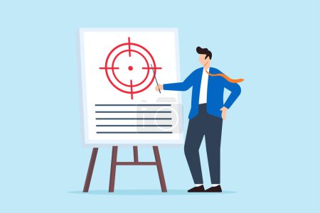 Illustration for Smart businessman presents scope of work in meeting, illustrating project management. Concept of setting clear goals, targets, and objectives to guide project towards successful completion - Royalty Free Image