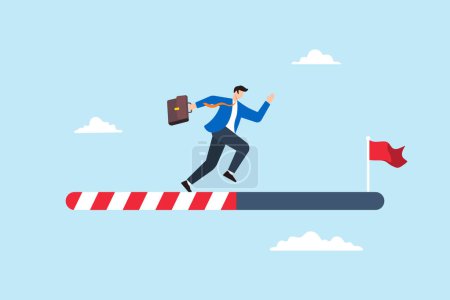 Ambitious businessman running on progress bar towards success flag, illustrating journey to achieving goals in business or career. Concept of steps taken, challenges faced and improvement to succeed