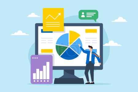 Businessman using resource planning software to analyze pie chart, illustrating managing projects and resources using ERP or marketing tools. Concept of optimizing processes utilizing CRM systems