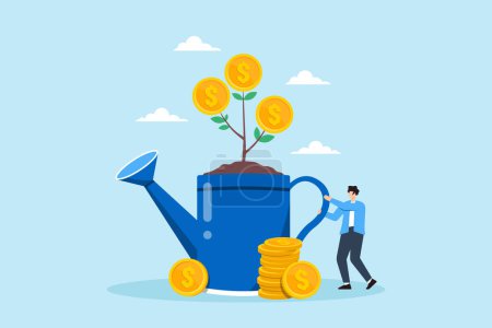 Flat illustration of plant man holding watering can growing coins investments nurturing savings and wealth potential