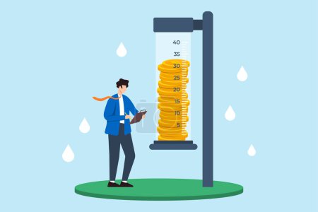 Flat illustration of coins in rain gauge businessman measuring returns and growth in investments