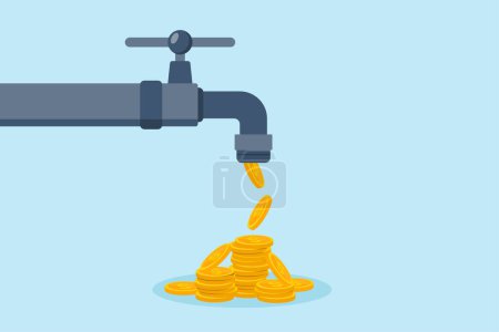 Flat illustration of coins falling from tap steady flow of investments returns finance