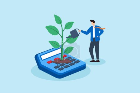 Illustration for Flat illustration of businessman watering growing plant on calculator analysis involved in investments - Royalty Free Image