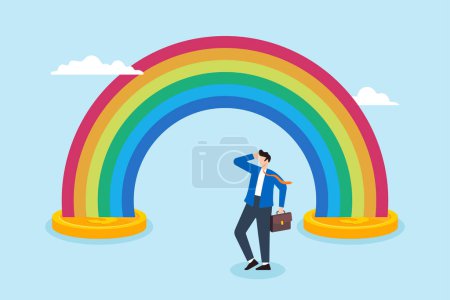 Flat illustration of businessman looking to coins sprouting rainbow colorful returns of investments