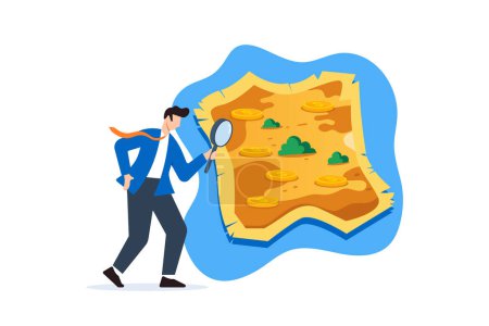 Flat illustration of businessman holding magnifying glass looking coins in treasure map investments journey and adventure