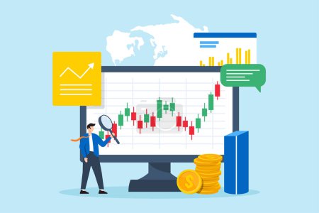 Illustration for Flat illustration of businessman analyzing stock market trends using magnifying glass on digital screen investment decision making - Royalty Free Image