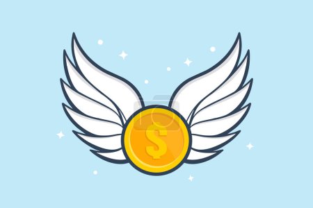 Flat illustration of coins sprouting wings investments freedom mobility and wealth growth
