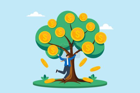 Flat illustration of happy businessman jumping by money tree falling gold coins investments natural growth