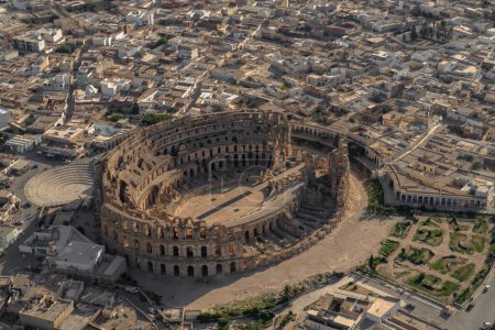 Photo for El Jem Coliseum seen from the sky. The largest Roman amphitheater in Africa. Unesco World Heritage. - Royalty Free Image