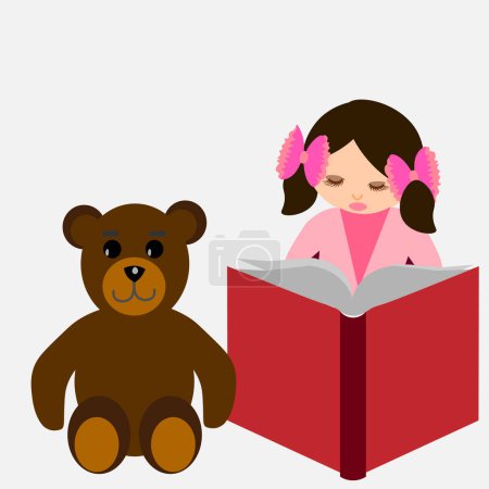 Téléchargez les illustrations : Graphiques vectoriels. Une écolière lit un livre à son ami ours en peluche. - en licence libre de droit