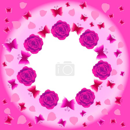 Foto de Gráficos vectores. Fondo festivo en colores rosados. Sobre un fondo rosa, un marco de rosas, pétalos de rosa y mariposas voladoras. - Imagen libre de derechos