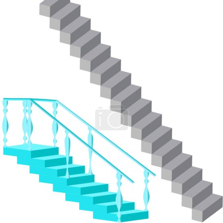 Illustration for Vector graphics. There are two staircases on a white background - one simple in gray, the second blue in a romantic style with railings and balusters. - Royalty Free Image
