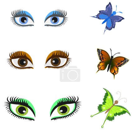 Téléchargez les illustrations : Graphiques vectoriels. Sur fond blanc, trois paires d'yeux féminins sont bleus, bruns et verts et des papillons de la même couleur. - en licence libre de droit