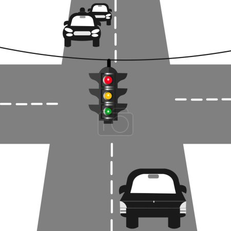 Vektorgrafiken. Kreuzung zweier Straßen, Ampeln und Autos.