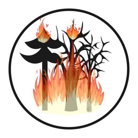 Vector graphics. There are burning trees in a black circle. Forest fire.