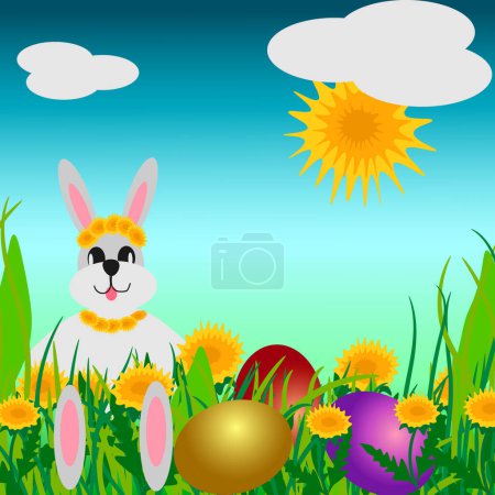 Illustration for Vector graphics. The dandelion sun is shining in the sky. A rabbit wearing a wreath of dandelions sits in the green grass with dandelions. There are Easter eggs nearby. - Royalty Free Image