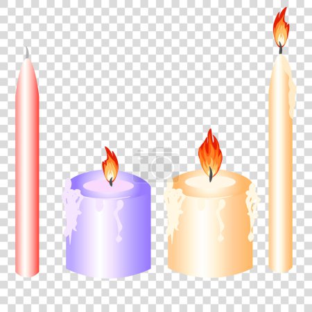 Vector graphics. On a transparent background there are three burning candles and one not.