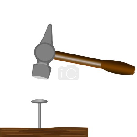 Gráficos vectores. Sobre un fondo blanco, un martillo clavando un clavo en una tabla.