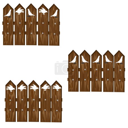 Vector graphics. On a white background, three types of wooden fence with carved silhouettes of birds