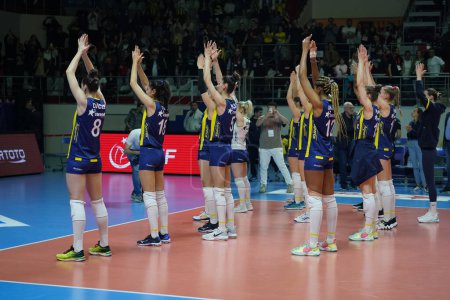 Photo for ISTANBUL, TURKEY - APRIL 22, 2022: Fenerbahce Opet players after Eczacibasi Dynavit Turkish Sultans League Playoff 1-4 match in Burhan Felek Sport Hall - Royalty Free Image