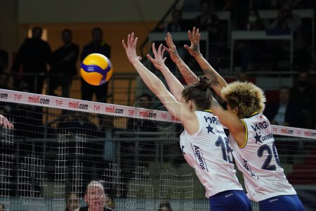 Photo for ISTANBUL, TURKEY - APRIL 30, 2022: Mina Popovic and Melissa Vargas in action during Fenerbahce Opet vs Vakifbank Turkish Sultans League Playoff Final match in Burhan Felek Sport Hall - Royalty Free Image