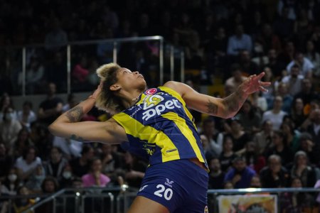 Photo for ISTANBUL, TURKEY - MAY 06, 2022: Melissa Vargas serves during Fenerbahce Opet vs Vakifbank Turkish Sultans League Playoff Final match in Burhan Felek Sport Hall - Royalty Free Image
